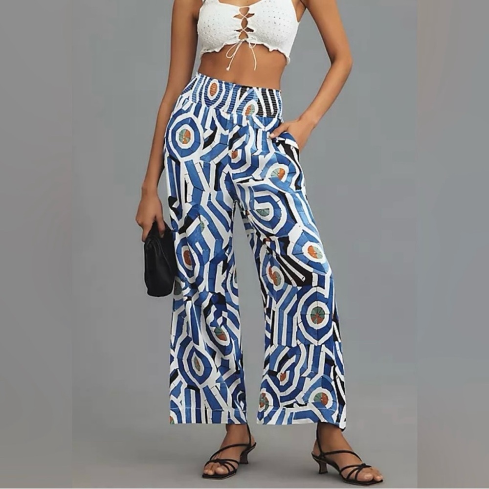 ANTHROPOLOGIE Maeve The Saria Smocked Wide-leg Pants In Blue NWT Size Medium